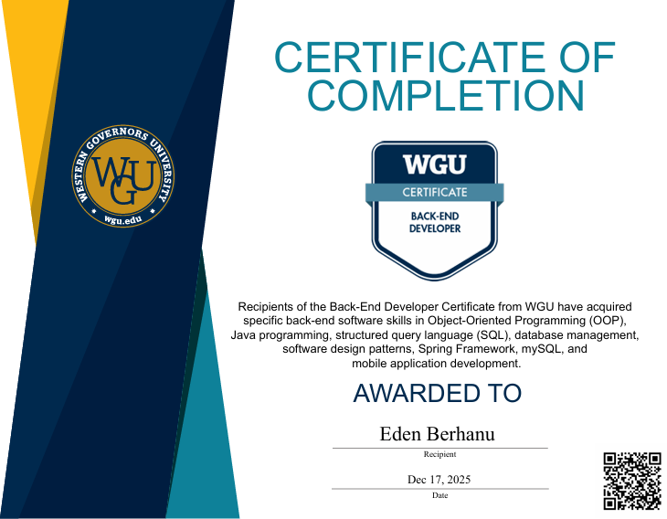WGU Academic Credentials - WGU Certificate Back-End Developer - 2025-17-12